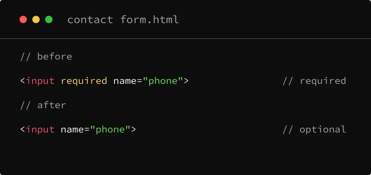 Code example: a phone input changing from required to optional